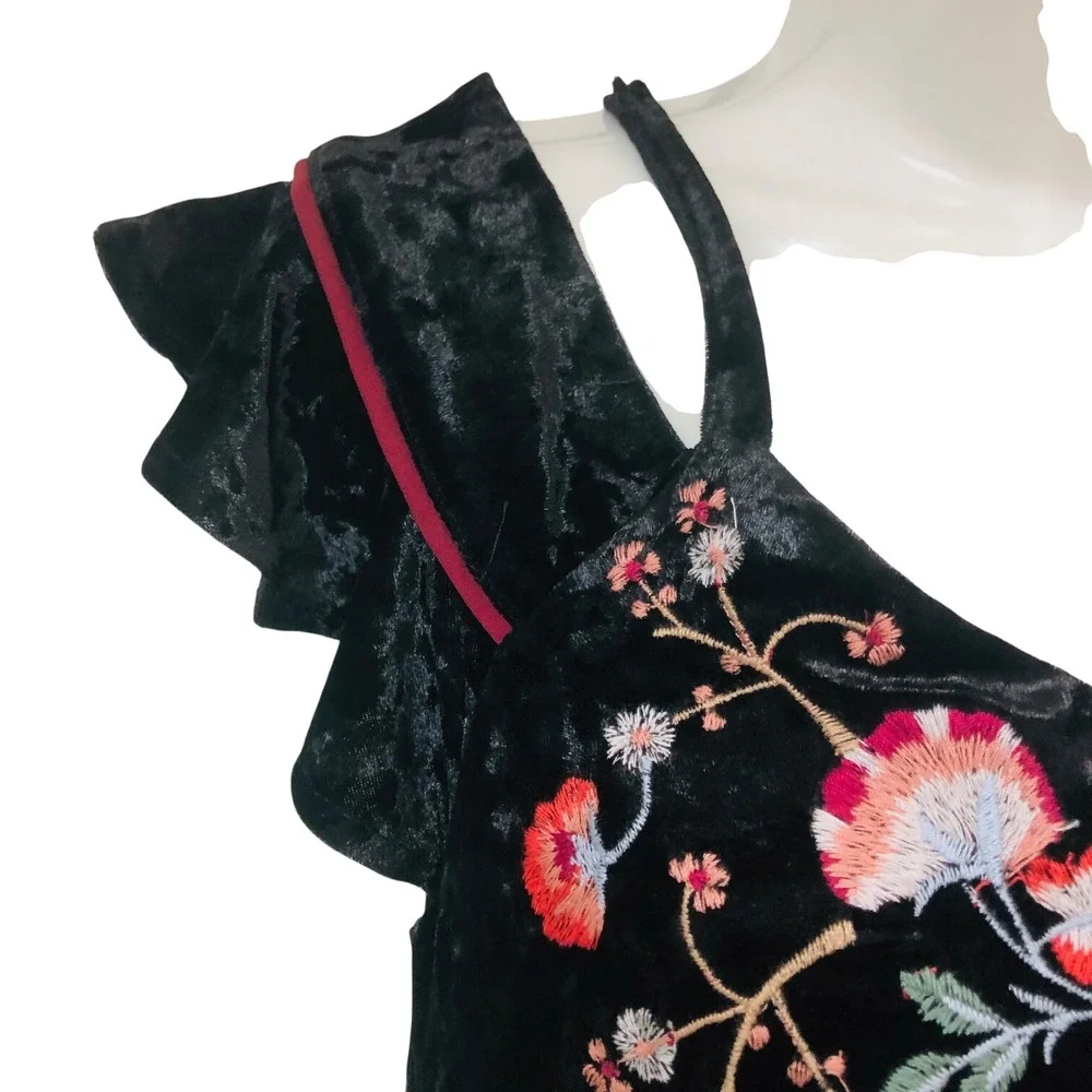 THML Velvet Mini Dress Floral Embroider Cold Shoulder Womens MP Fairy Whimsigoth